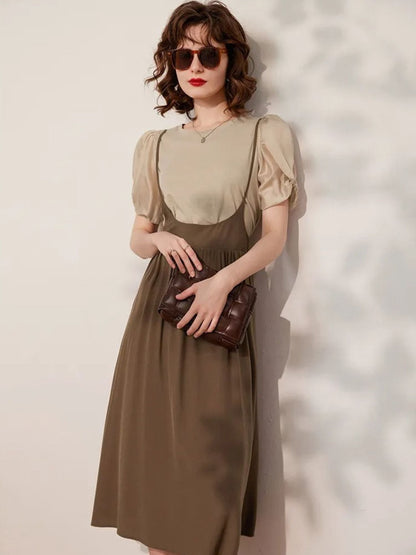 Conjunto Mujer de con Mangas Abullonadas y Falda Midi