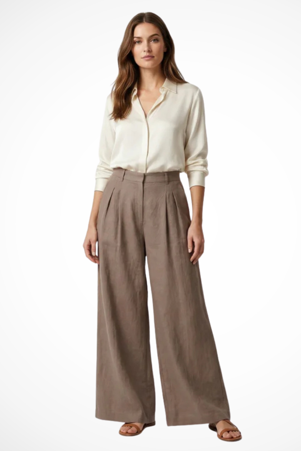 Pantalones Mujer Pata Ancha Pliegues Frontales Cintura Alta