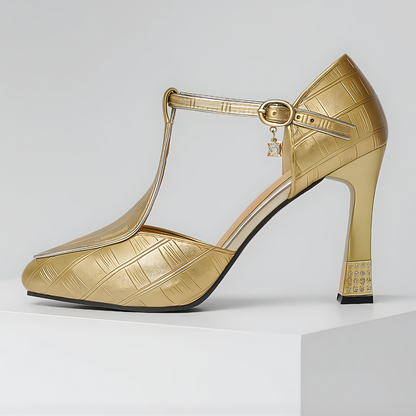 Tacones mujer con tira en T tacón bloque elegante fiesta