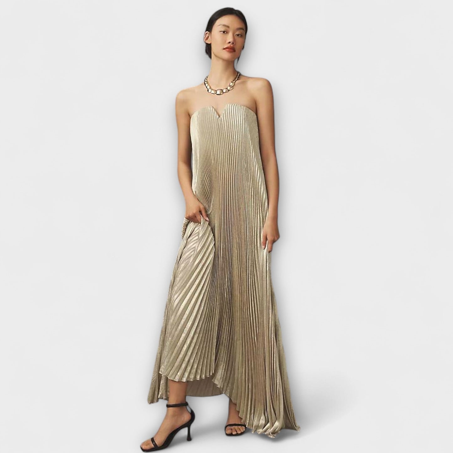 Vestido Largo Mujer Plisado Palabra de Honor con Corsé