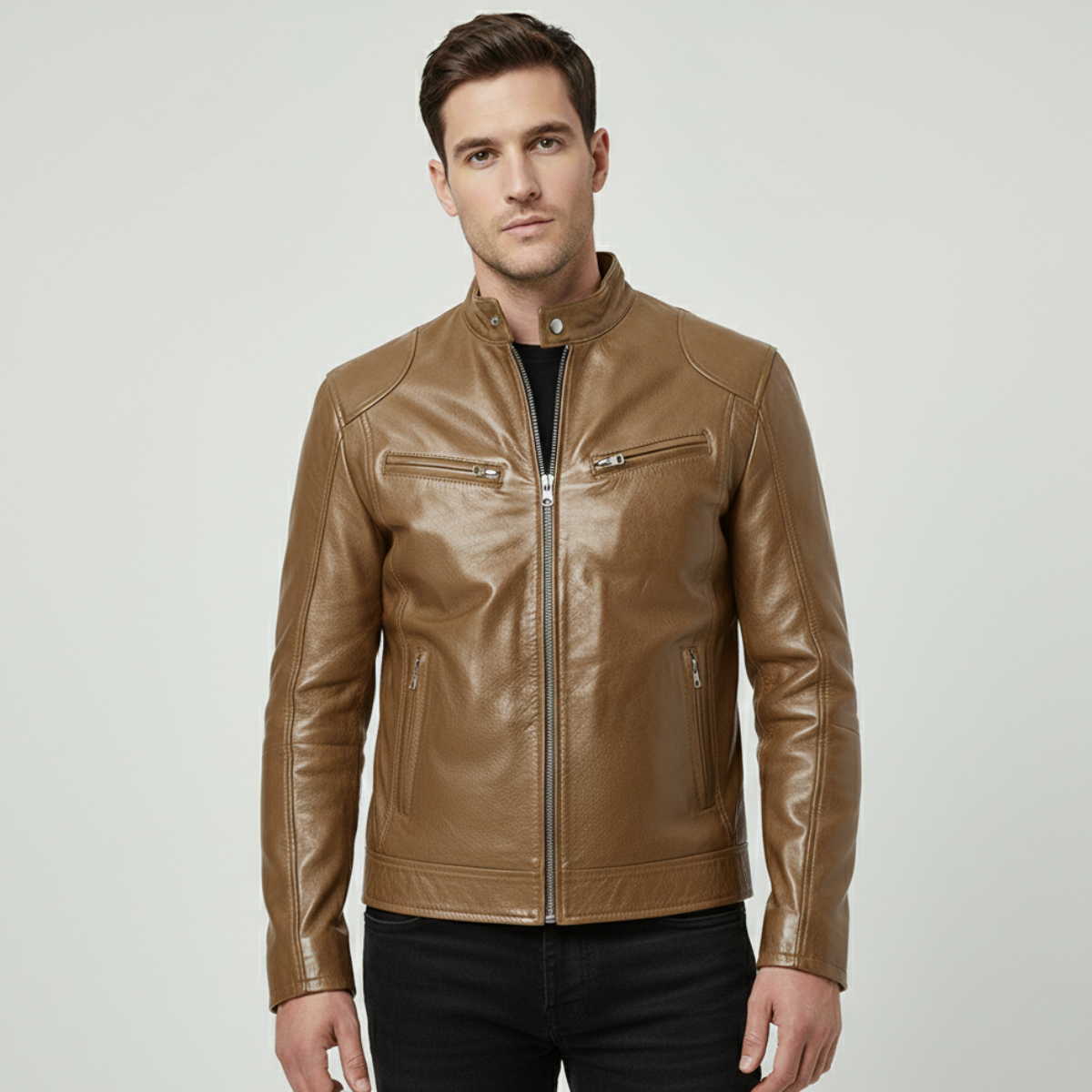 Chaqueta Hombre Cuero Sintético Cuello Alto Puños Ajustables
