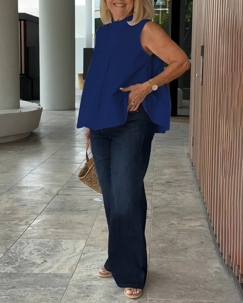 Mujer sin Mangas Cuello Alto Pliegue