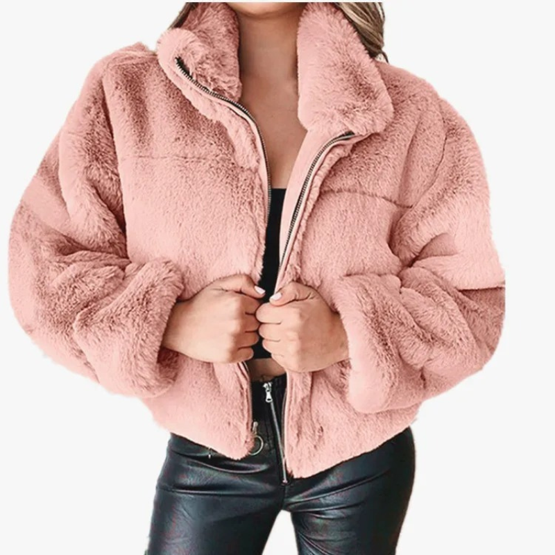 Chaqueta corta mujer teddy con cremallera y cuello alto
