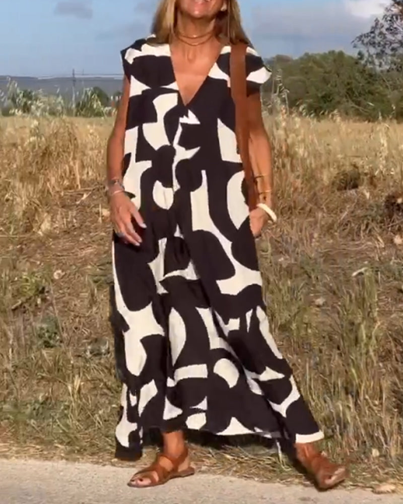 Vestido Mujer Estampado Escote en V Corte Fluido