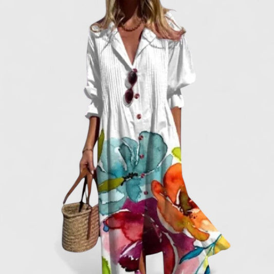 Vestido mujer bohemio estampado escote en V botones falda midi fluida - Mavetta
