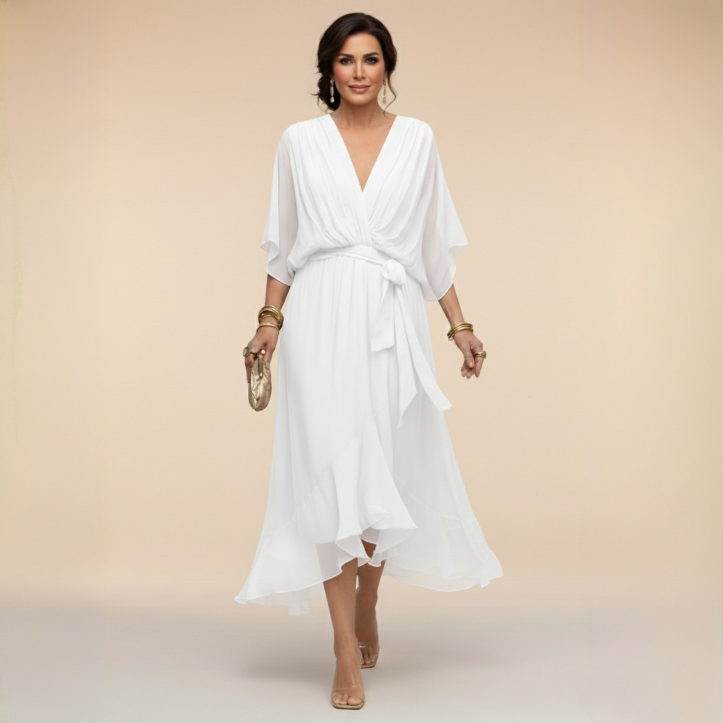 Vestido Midi Mujer Fluido Escote en V Cintura Ajustable