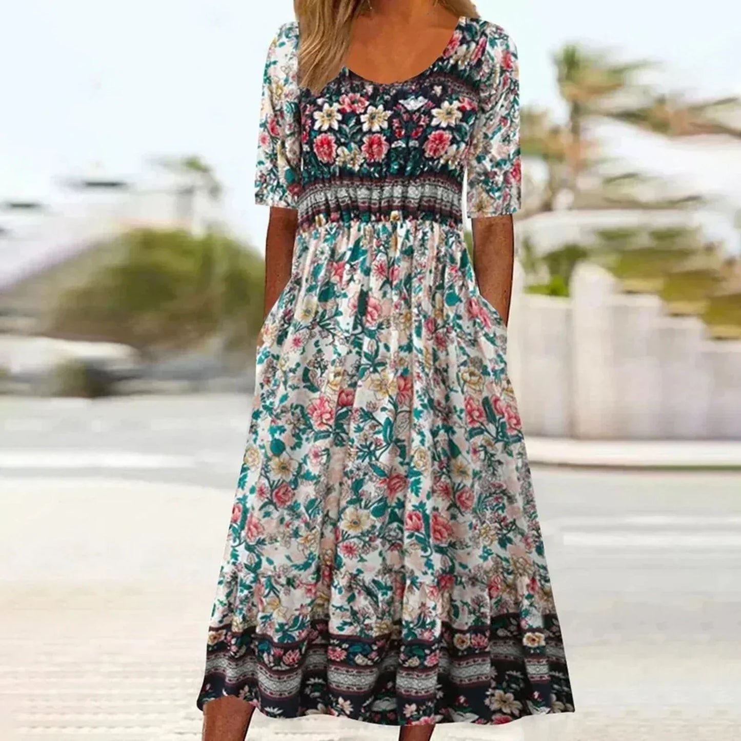 Vestido midi mujer estilo bohemio escote cuadrado mangas cortas