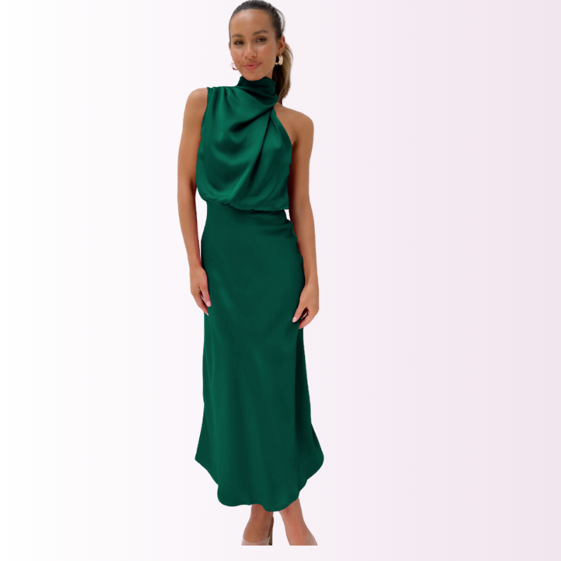 Vestido Noche Mujer con Hombros Descubiertos y Cuello Alto