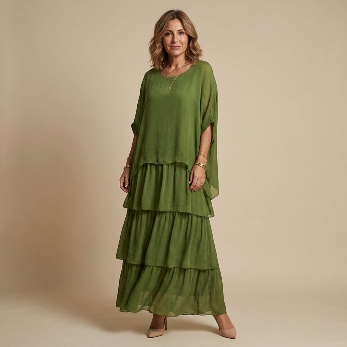 Vestido Largo Mujer Fluido en Capas Manga Suelta Corte Amplio - Mavetta
