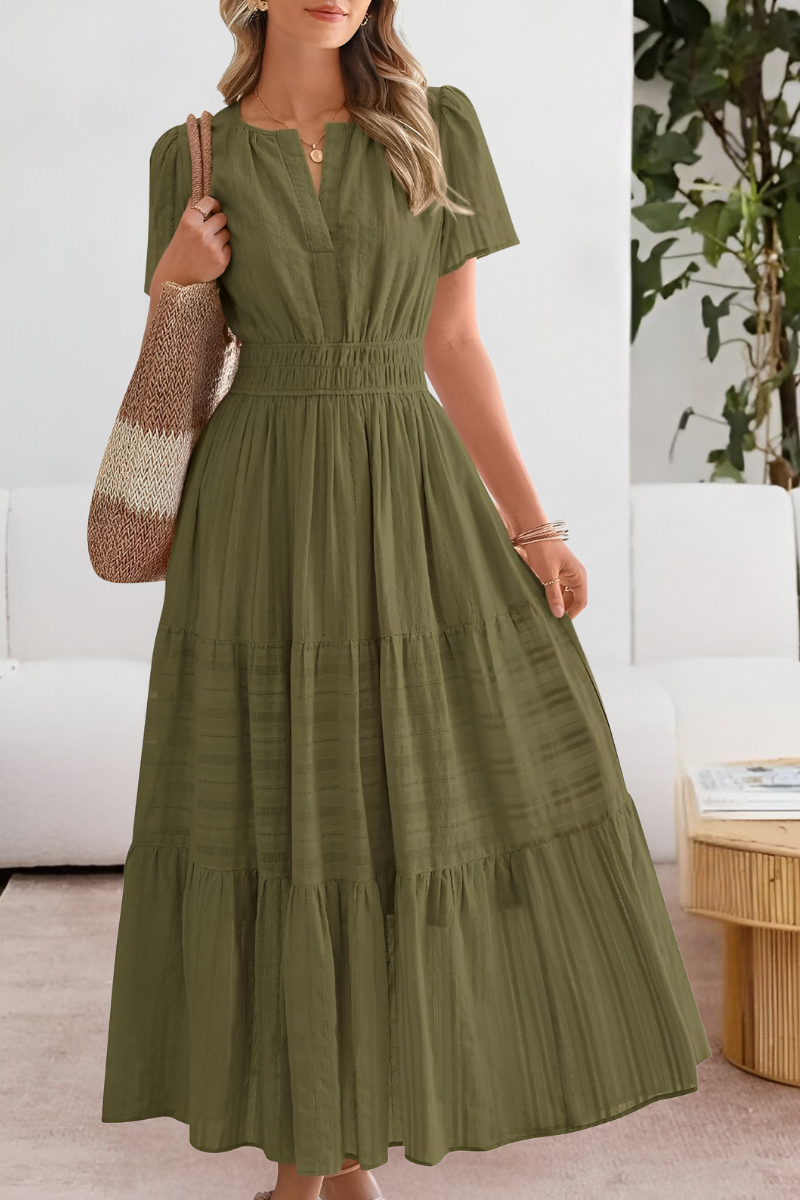 Vestido maxi mujer con cintura fruncida y mangas cortas