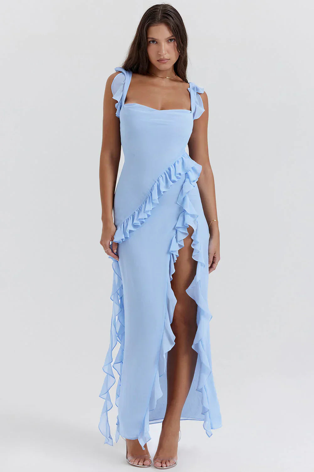 Vestido largo mujer con volantes escote espalda fiesta