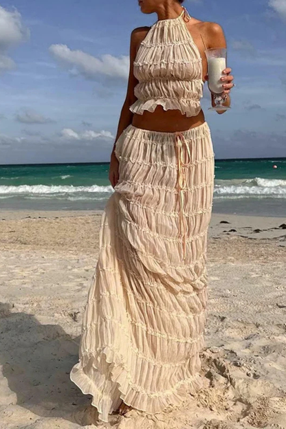 Conjunto Mujer Halter Fruncido y Falda Larga Fluida
