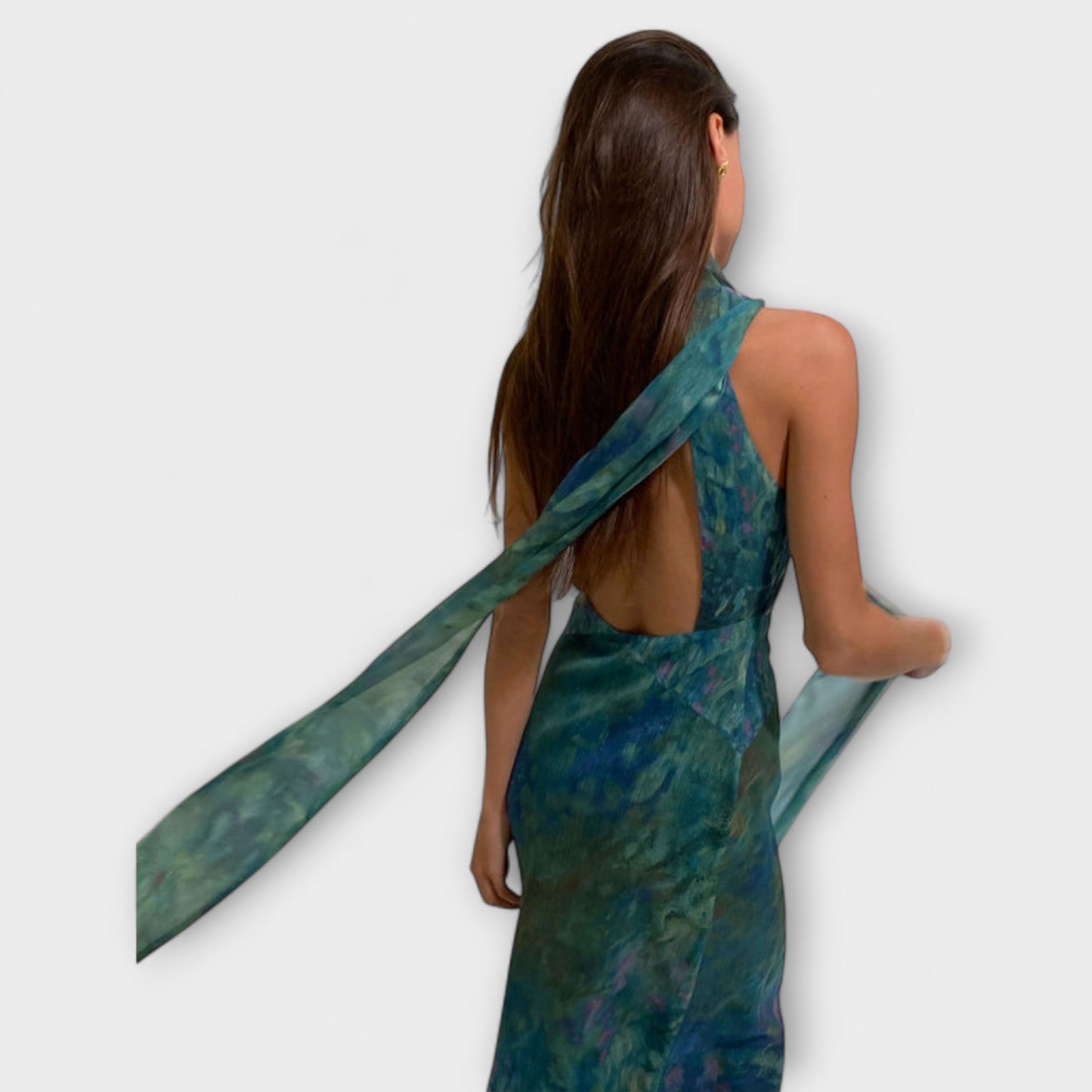 Vestido Maxi Mujer de Gasa Estampado Cuello Halter