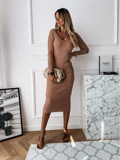 Vestido midi mujer de plumeti cuello en v manga larga
