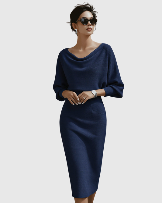 Vestido midi mujer Drapeado Manga Murciélago Escote Elegante - Mavetta