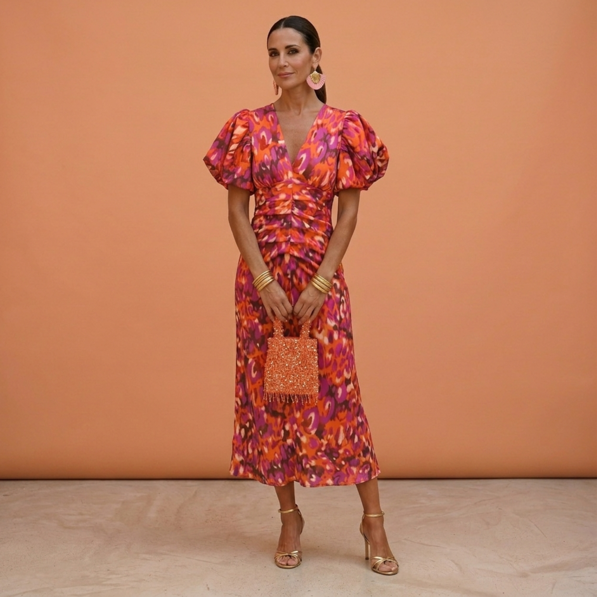 Vestido mujer escote en V mangas abullonadas estilo femenino - Mavetta