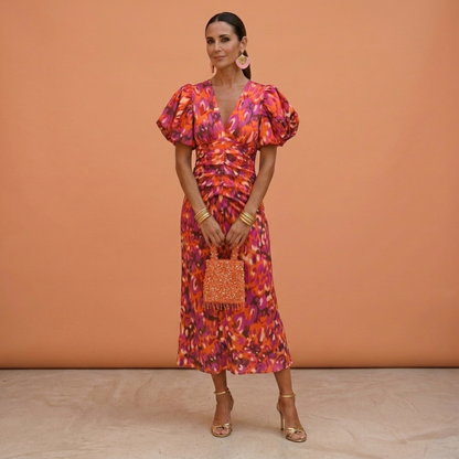 Vestido mujer escote en V mangas abullonadas estilo femenino - Mavetta