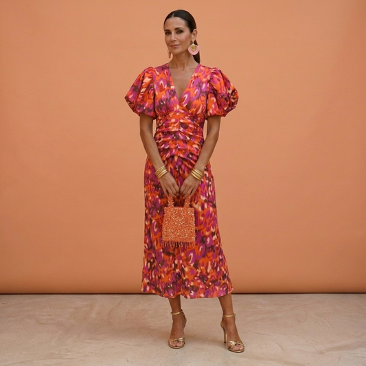 Vestido mujer escote en V mangas abullonadas estilo femenino - Mavetta