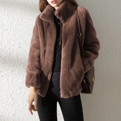 Chaqueta Mujer Teddy Cuello Alto Cremallera Moderna