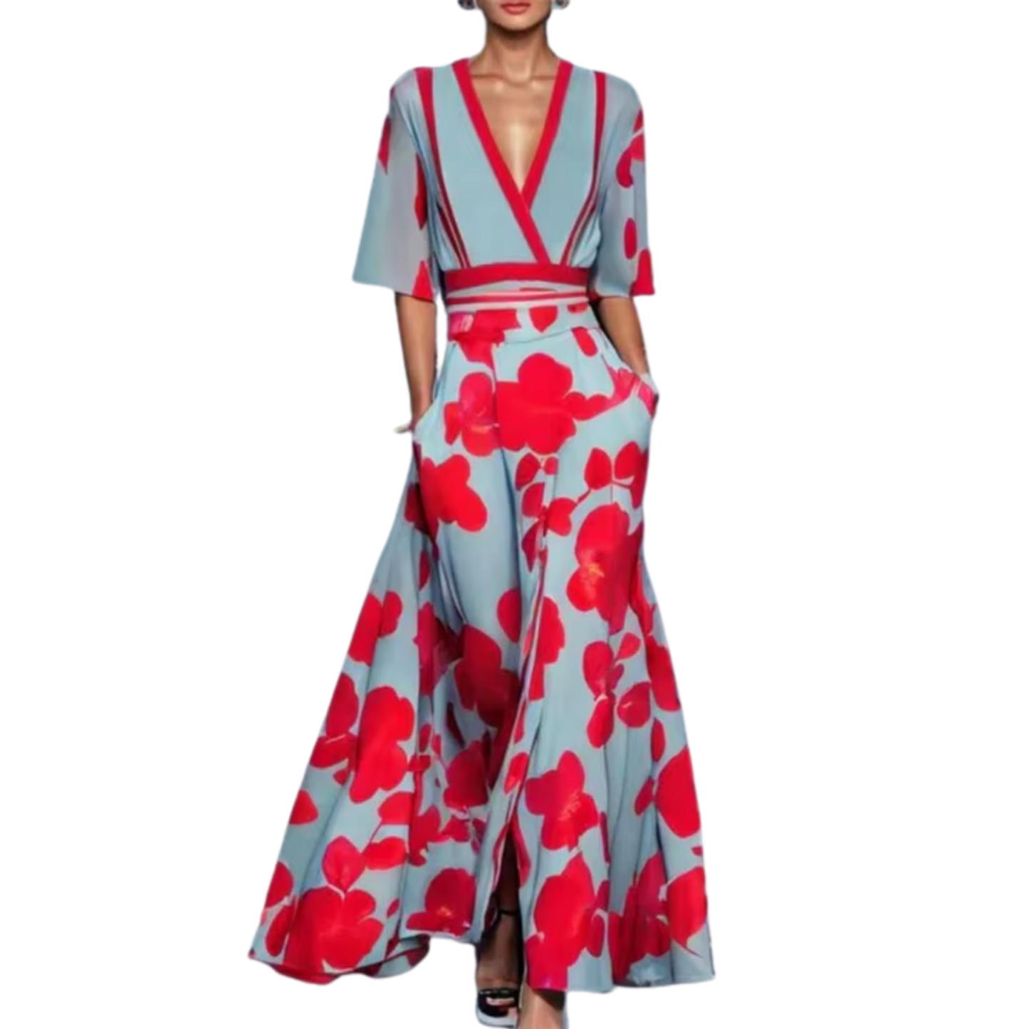 Vestido Largo Mujer Floral Tela Suave Escote en V Ajustable - Mavetta