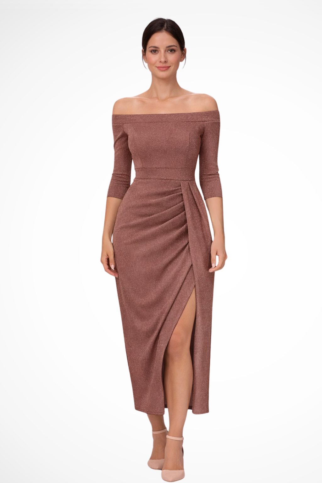 Vestido midi mujer hombros descubiertos fruncido abertura