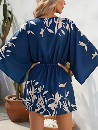 Vestido mini mujer Estampado floral Escote en V Mangas largas
