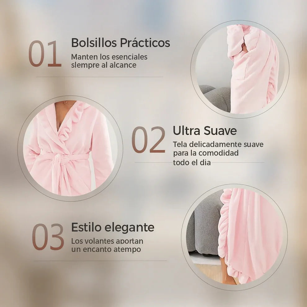 Bata Mujer Suave Esponjosa con Volantes Elegantes