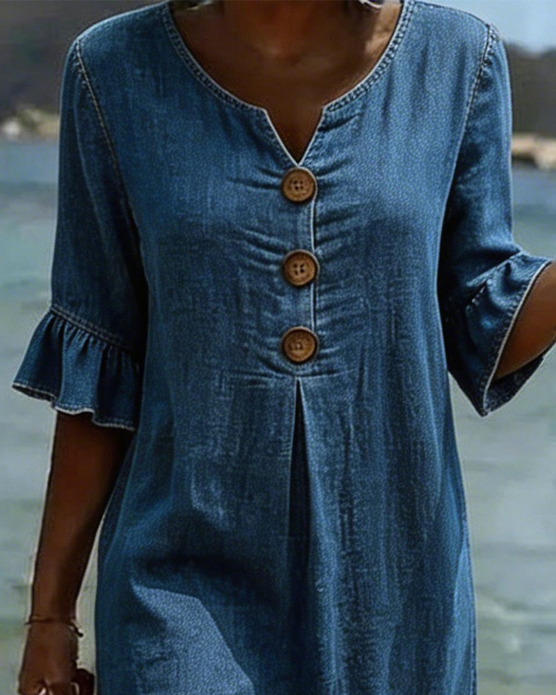Vestido Mujer Denim Corte Fluido Manga Acampanada