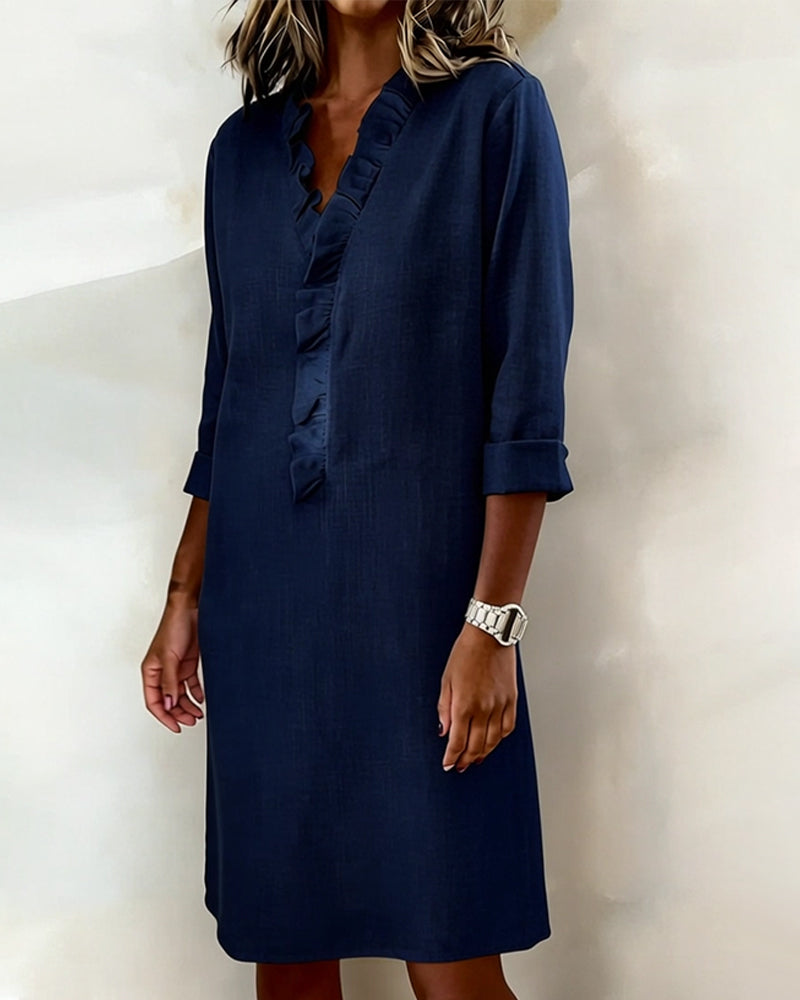 Vestido mujer lino algodón escote en V volantes casual