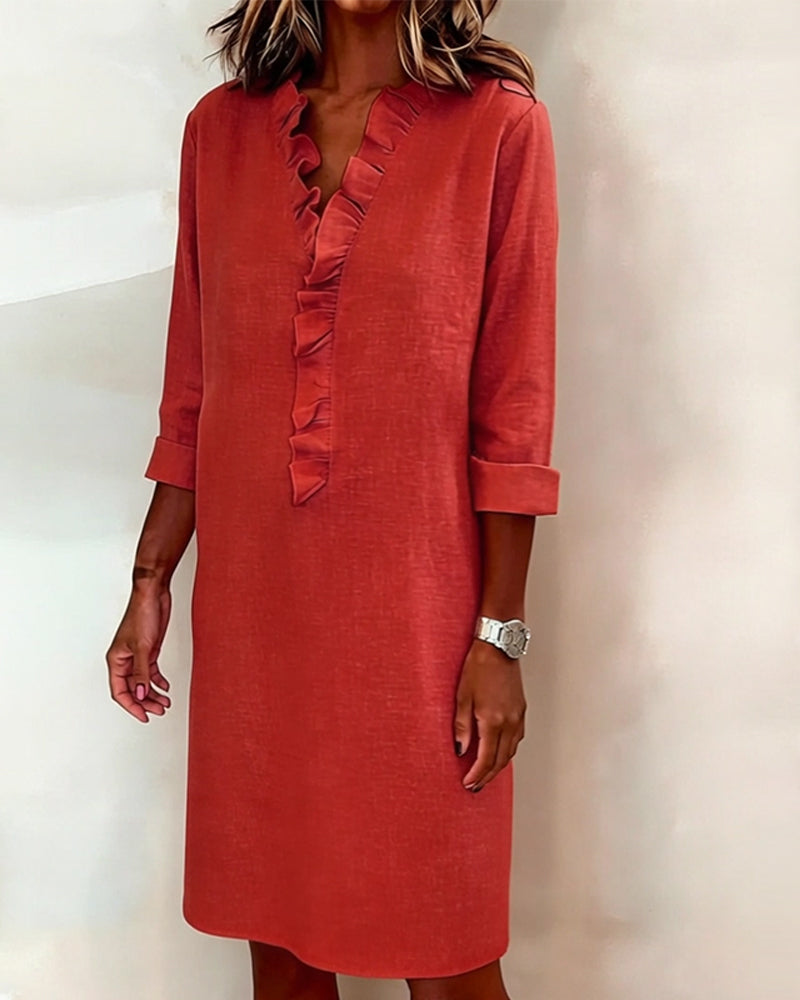 Vestido mujer lino algodón escote en V volantes casual