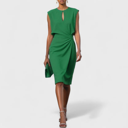 Vestido Midi Mujer Cruzado con Pliegues y Cuello Redondo