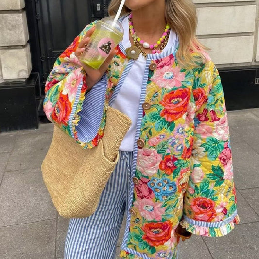 Abrigo Mujer Holgado Estampado Flores Botones - Mavetta