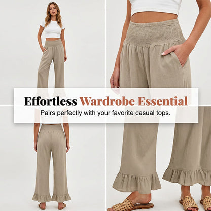 Pantalón mujer algodón y lino ancho tiro alto volante boho