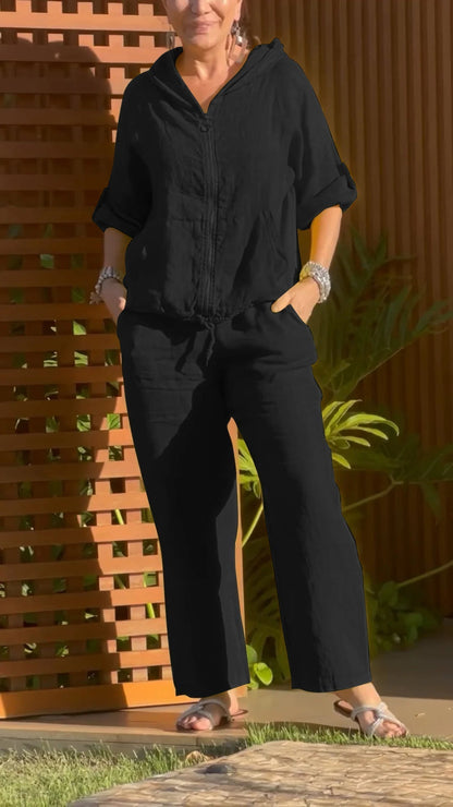 Conjunto Mujer Casual Algodón y Lino Capucha Cremallera