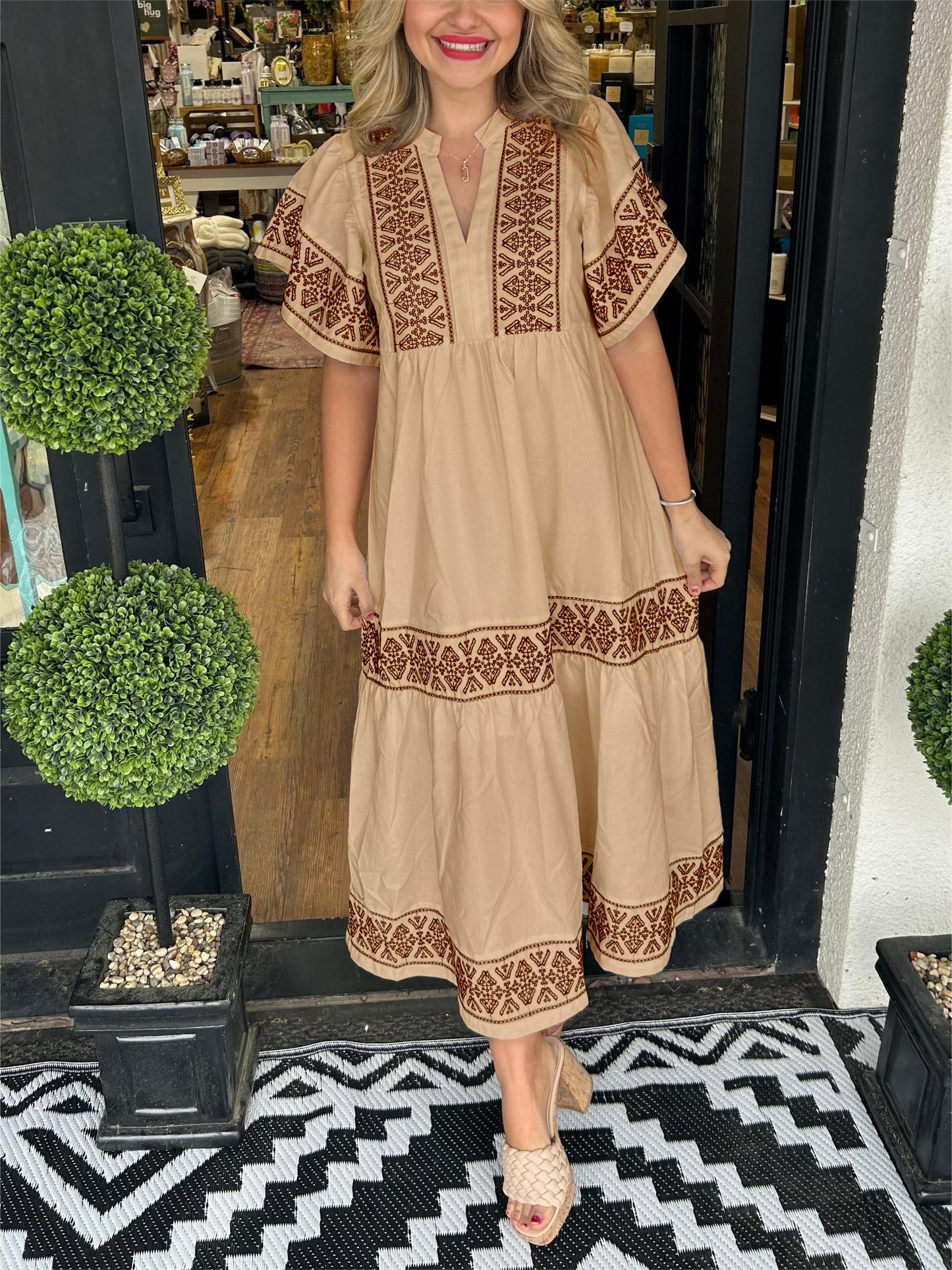 Vestido midi mujer Escote en V Estilo bohemio Veraniego
