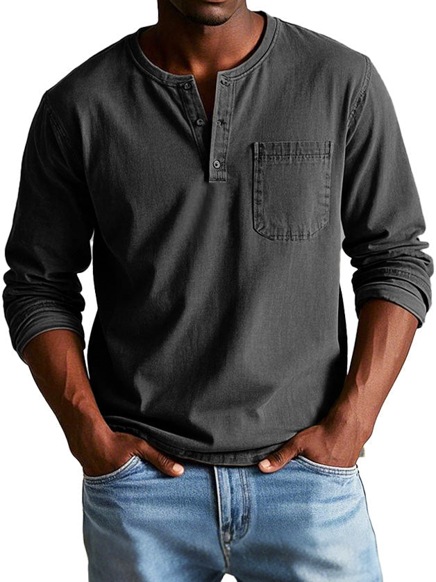 Camiseta henley hombre Algodón manga larga con bolsillo pecho