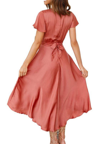 Vestido Mujer Veraniego Manga Corta Cuello en V Formal