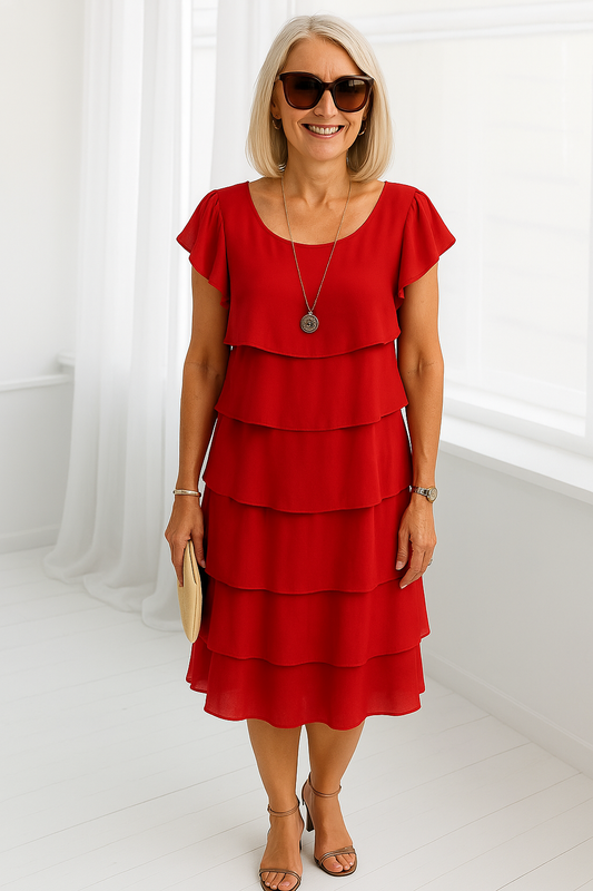 Vestido midi mujer con capas y manga corta - Mavetta