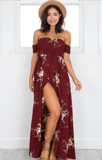 Vestido Largo Mujer Estampado Floral Hombros Descubiertos Bohemio
