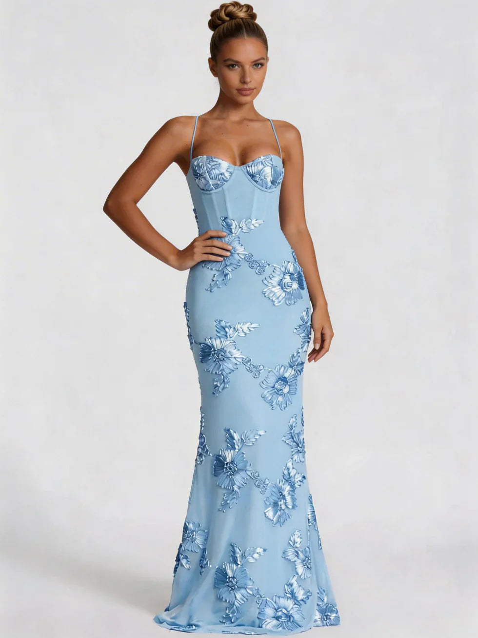 Vestido maxi mujer bordado floral corte sirena