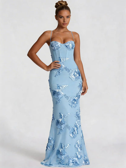 Vestido maxi mujer bordado floral corte sirena