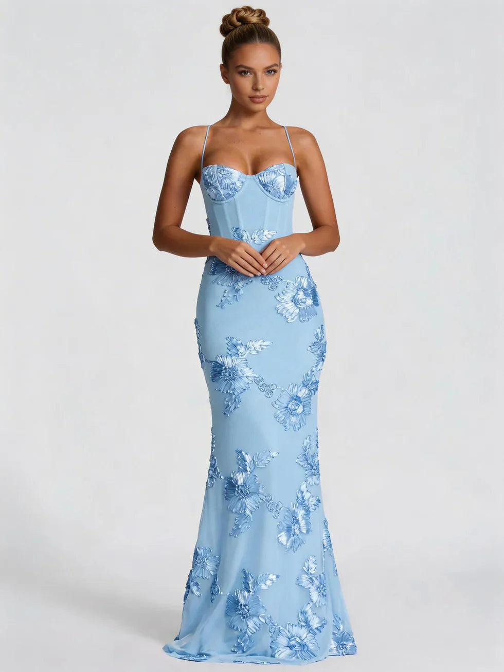 Vestido maxi mujer bordado floral corte sirena