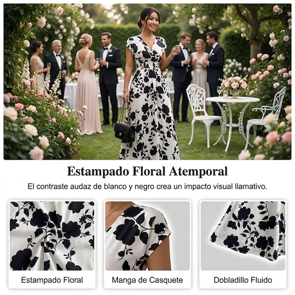 Vestido largo Mujer con escote en V y estampado floral