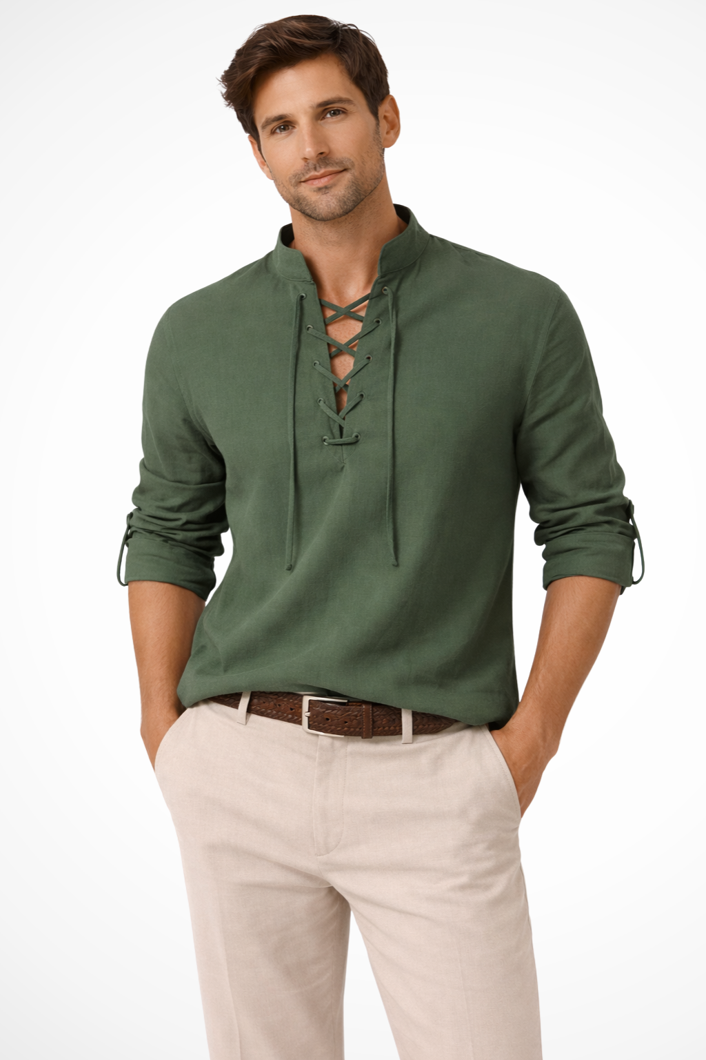 Camisa casual hombre manga larga cierre de cordones