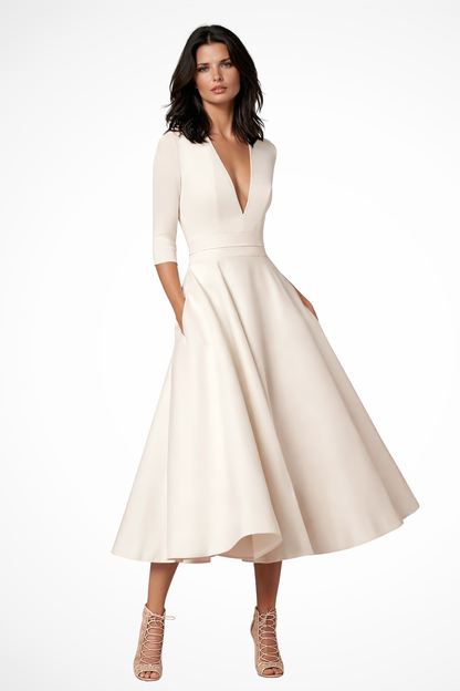 Vestido midi mujer con escote en v y falda evasé elegante