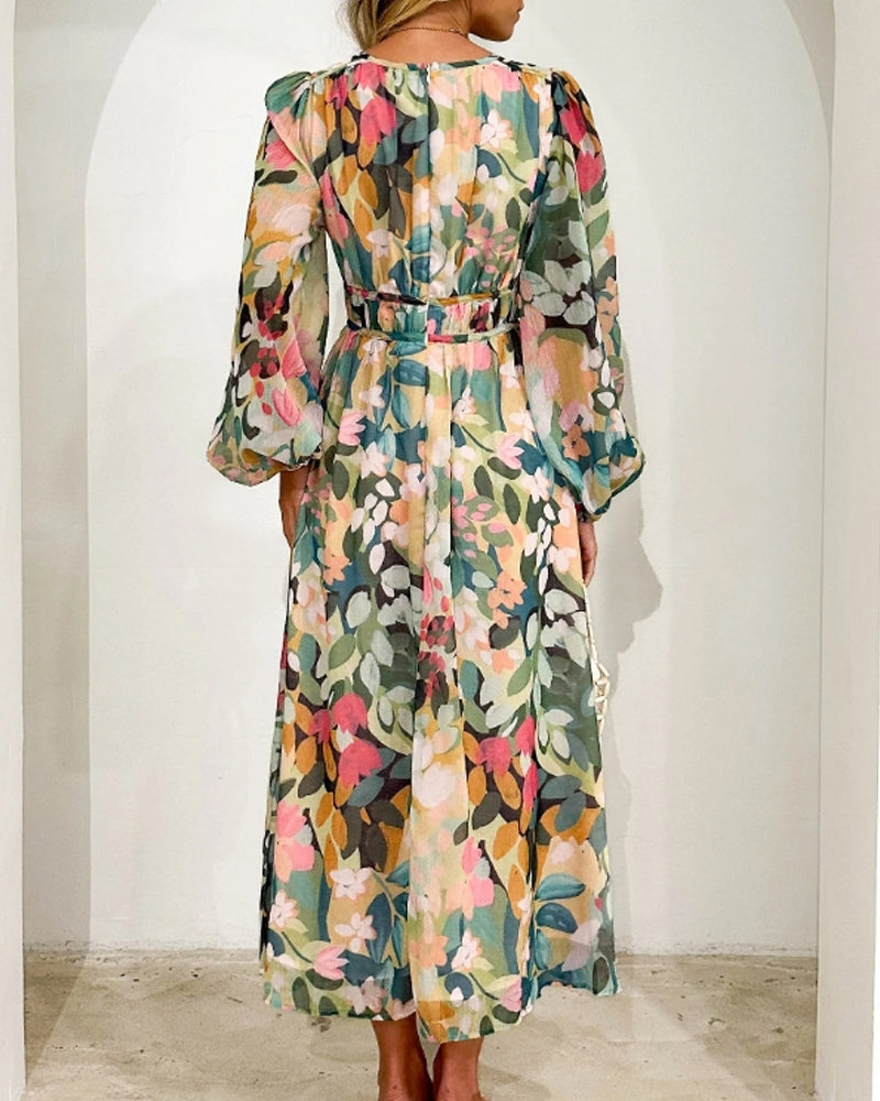 Vestido midi mujer de tela fluida con vuelo y escote cruzado