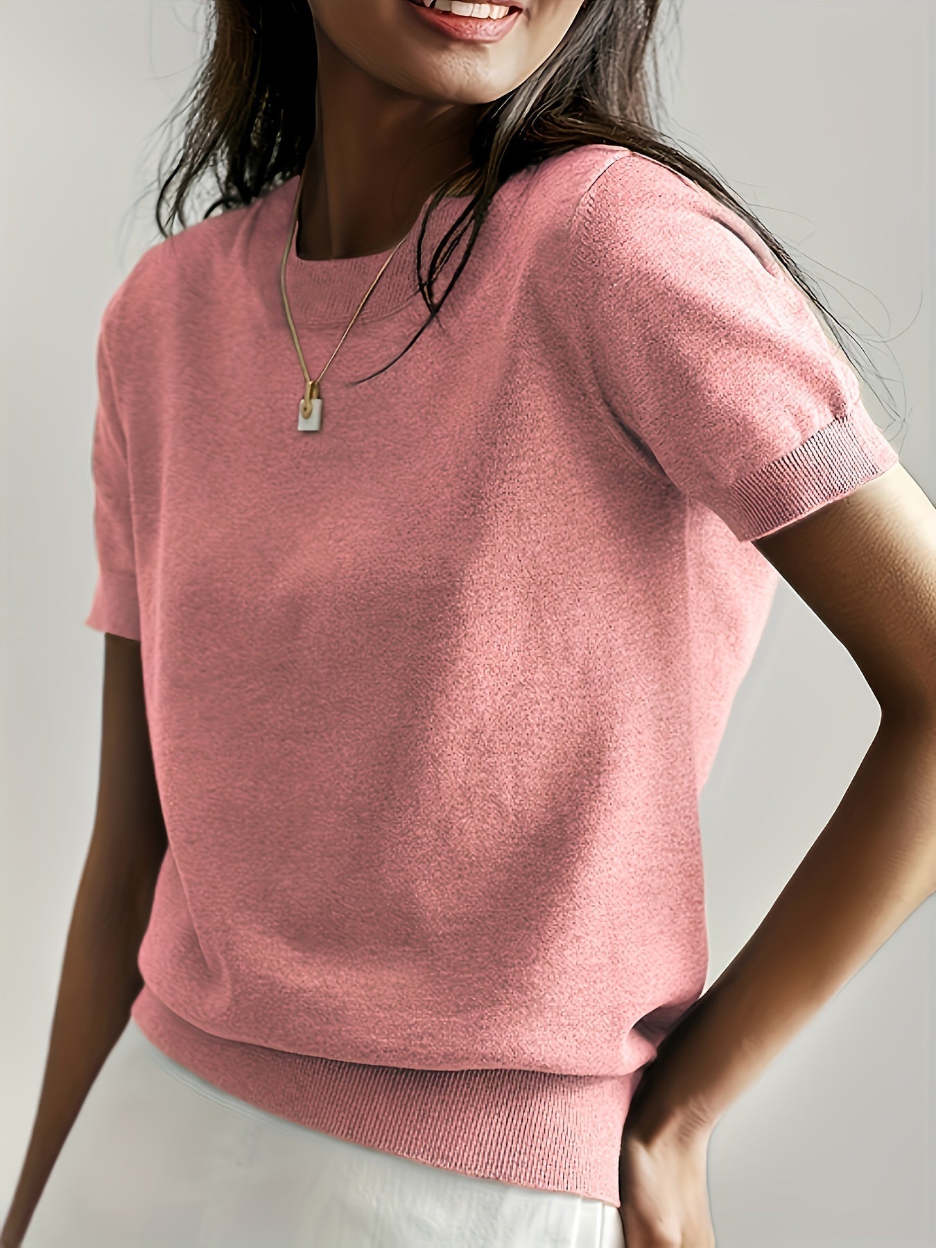 Camiseta Mujer de Punto Manga Corta Cuello Redondo Entallada