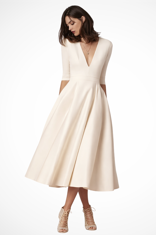 Vestido midi mujer con escote en v y falda evasé elegante - Mavetta