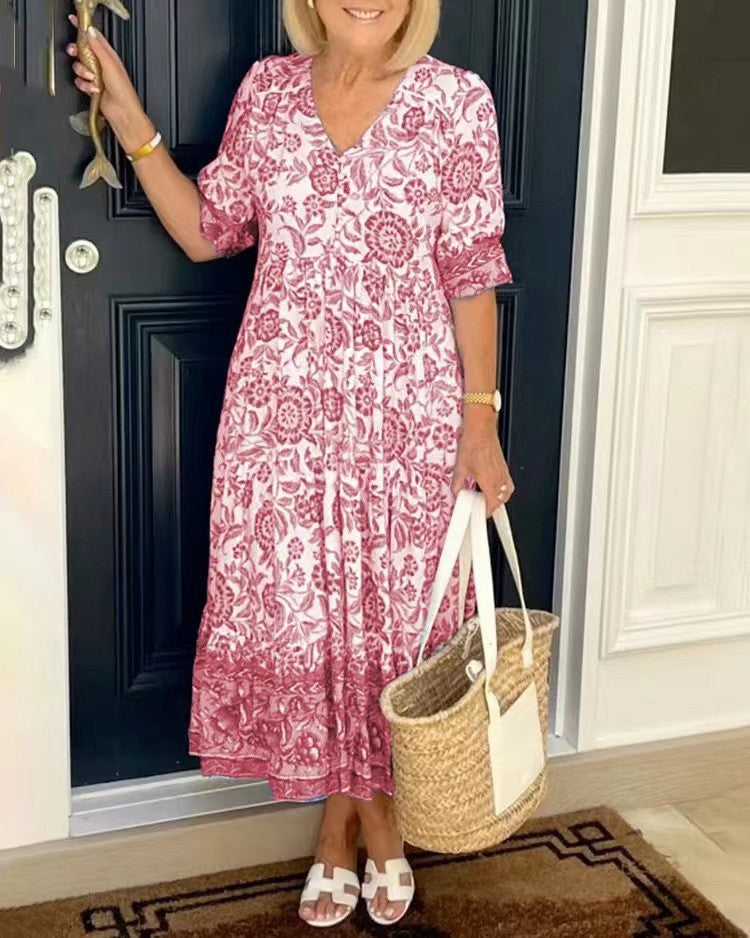 Vestido Mujer Floral Cuello en V Elegante