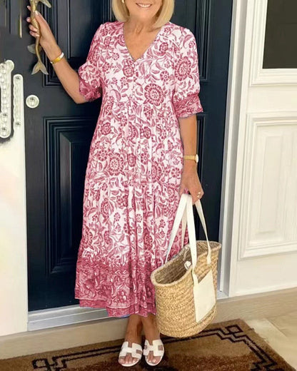 Vestido Mujer Floral Cuello en V Elegante